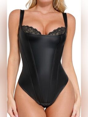 Popilush Shapewear Bodysuit Lace Corset Tank Tops Tummy Control Faux Leather